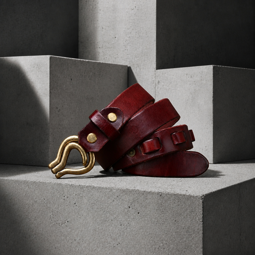 Ceinture vintage homme en cuir bordeaux, rivet doré et languettes tissées