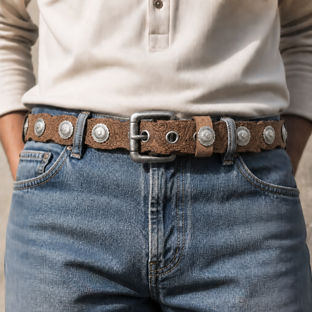 Ceinture western homme camel portée sur un jean délavé