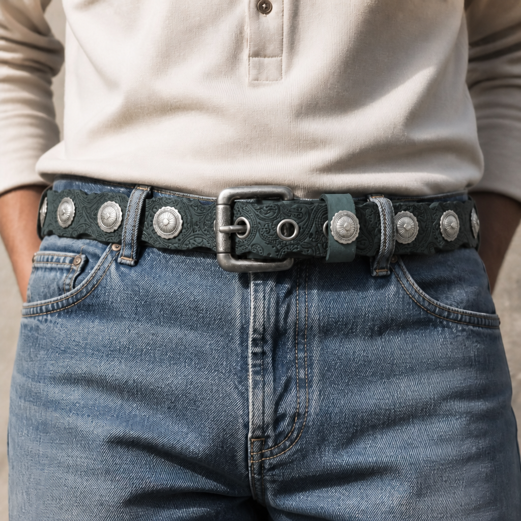 Ceinture western homme gris anthracite portée sur un jean délavé