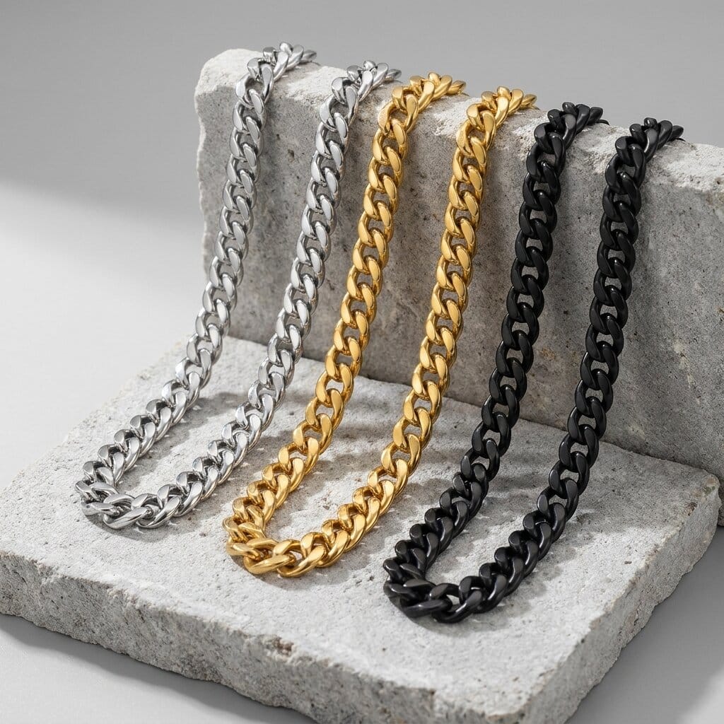 chaine cubaine homme acier or argent noir