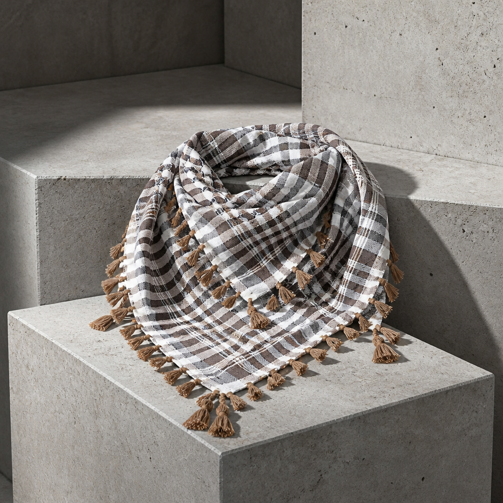 Chèche Homme Carré à Petits Carreaux et Pompons, coloris beige