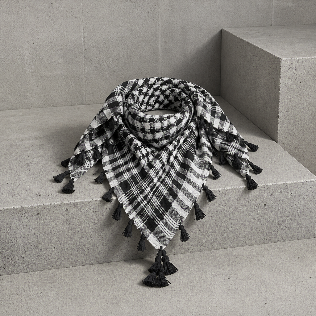 Chèche Homme Carré à Petits Carreaux et Pompons, coloris noir et blanc