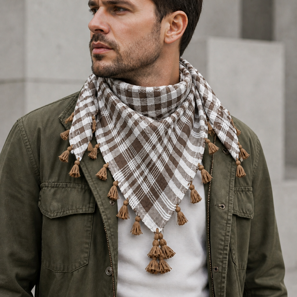 Chèche Homme Carré à Petits Carreaux et Pompons coloris beige, porté par un homme