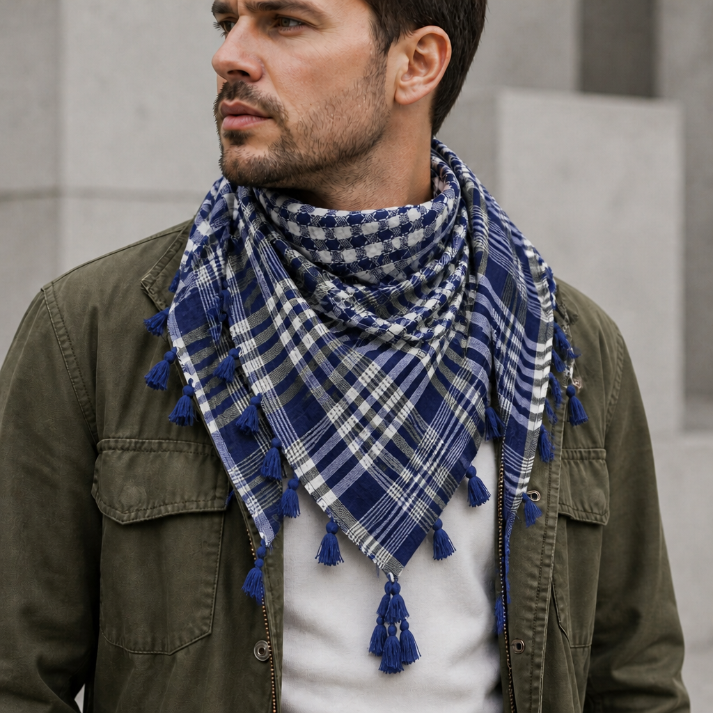 Chèche Homme Carré à Petits Carreaux et Pompons coloris bleu, porté par un homme