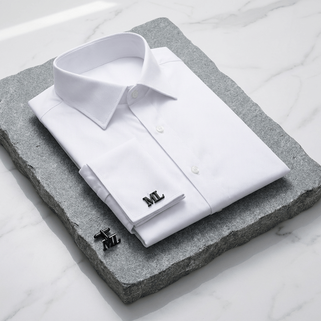 chemise blanche à poignets mousquetaires avec boutons de manchette gravés initiales