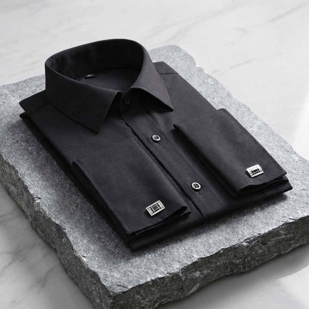 chemise noir homme poignets mousquetaires bouton de manchette argent et noir