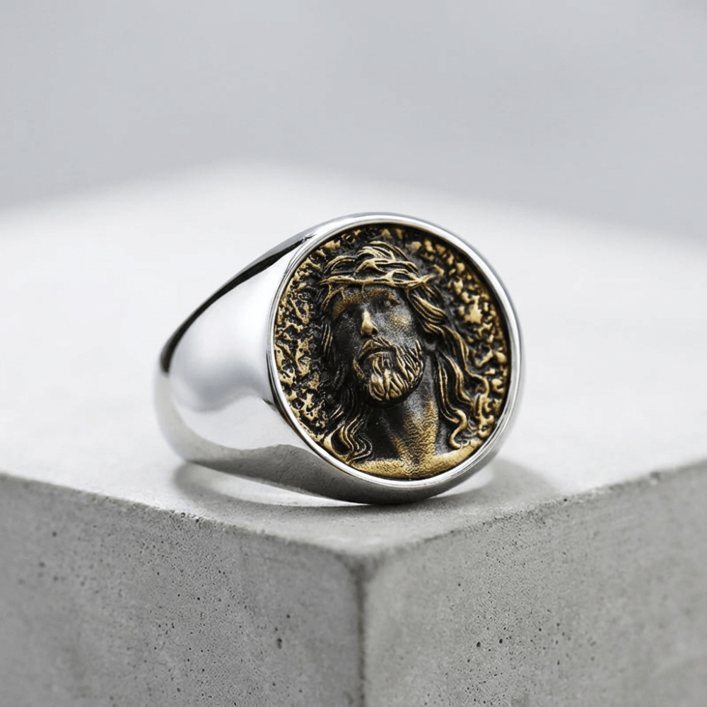 Chevalière ancienne pour homme argent portrait Jésus acier inoxydable