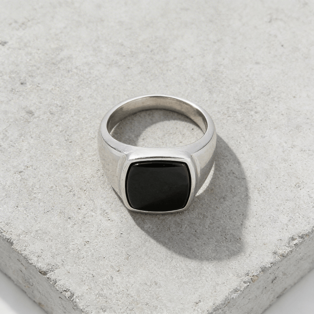 Chevalière argent onyx homme plateau coussin acier