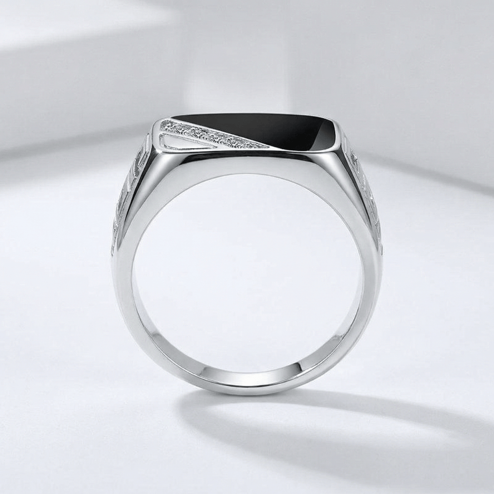 chevalière homme argent rectangulaire profil motif clé grecque acier inoxydable