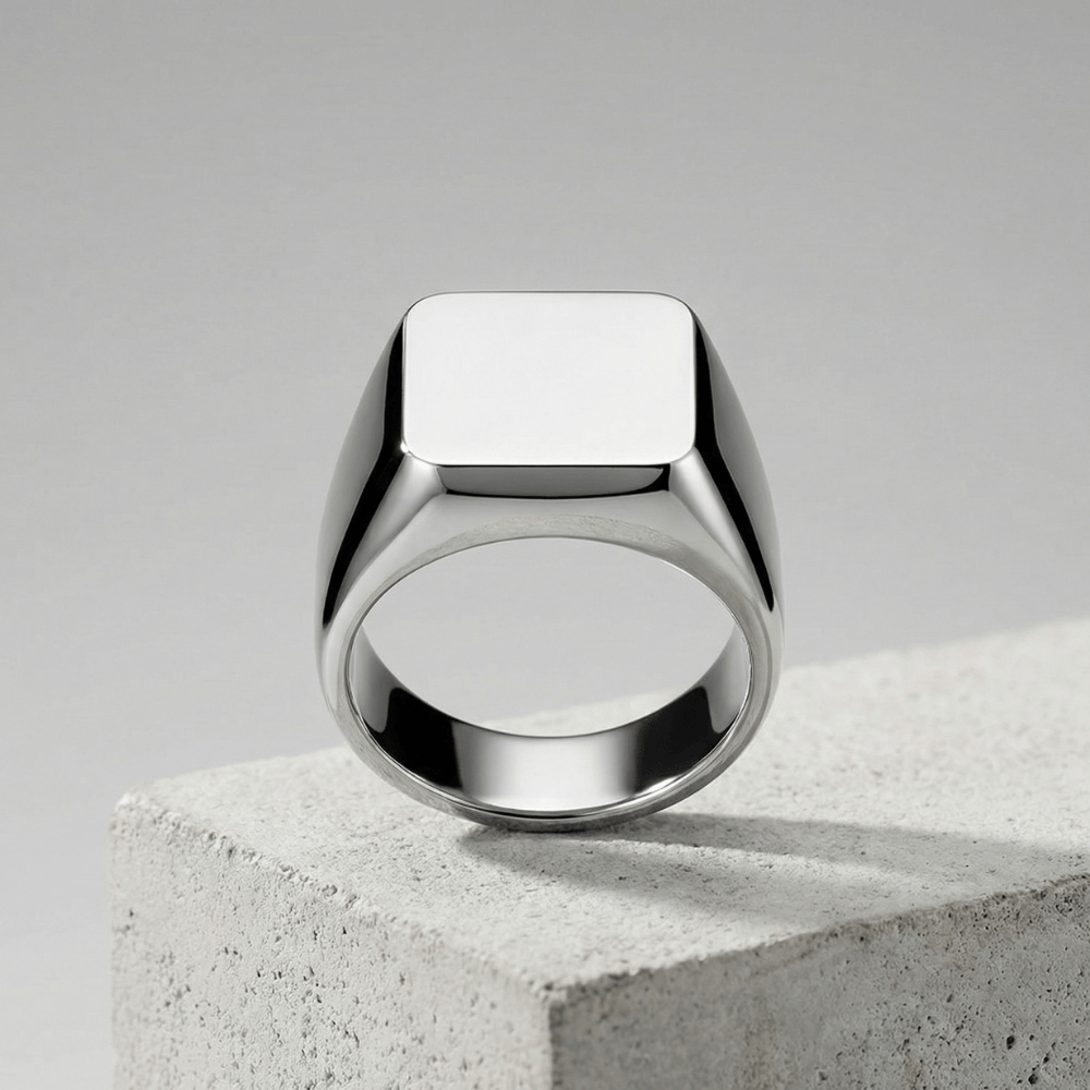 Chevalière homme acier inoxydable argent plateau coussin poli