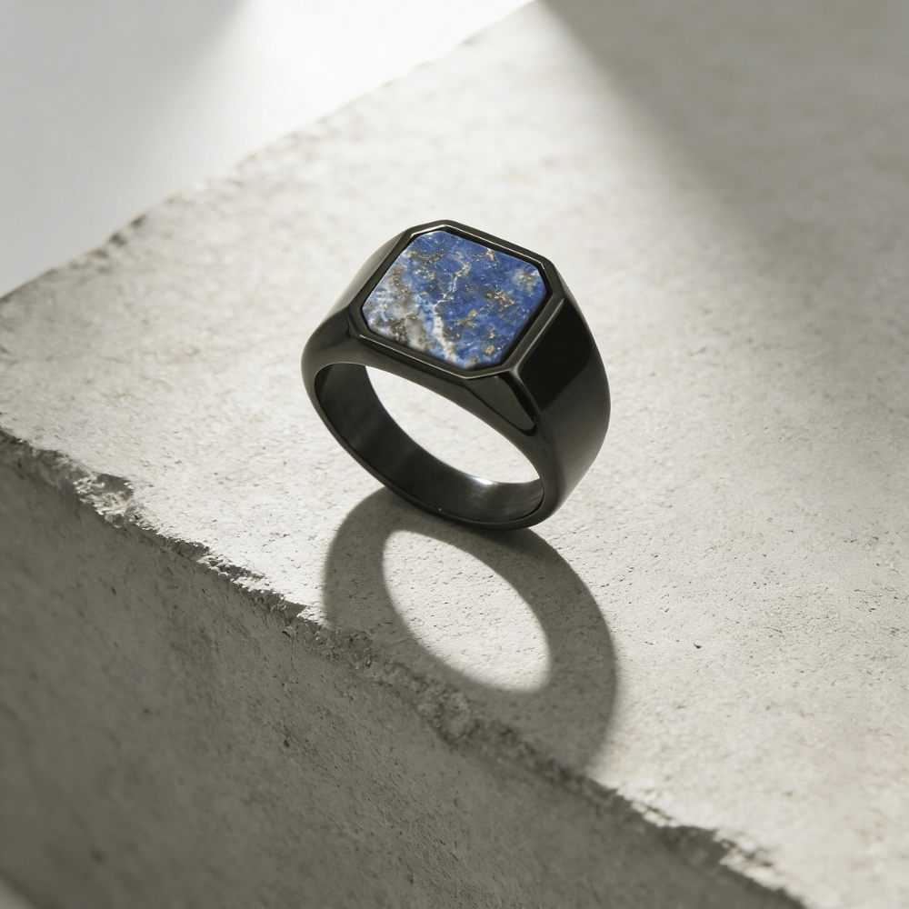 Chevalière lapis lazuli homme noire acier inoxydable