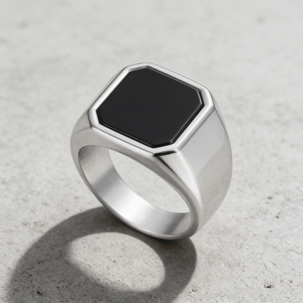 Chevalière onyx homme argent plateau carré pans coupés