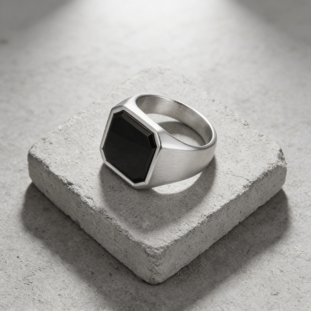 Chevalière onyx homme argent acier inoxydable