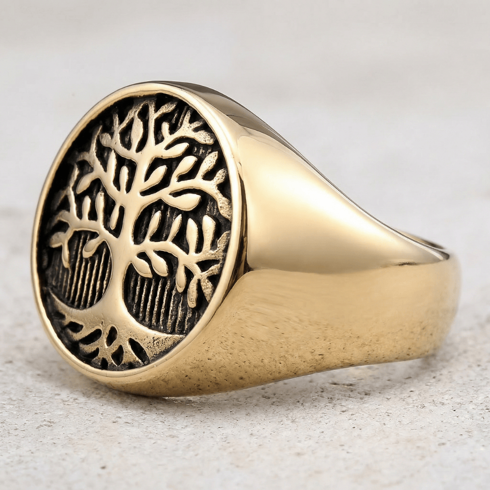 Chevalière homme acier doré arbre de vie vue côté