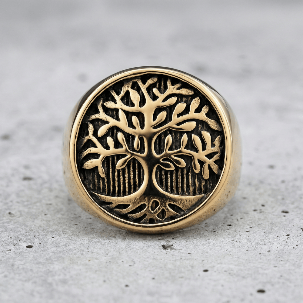 Chevalière pour homme plateau arbre de vie doré acier inoxydable