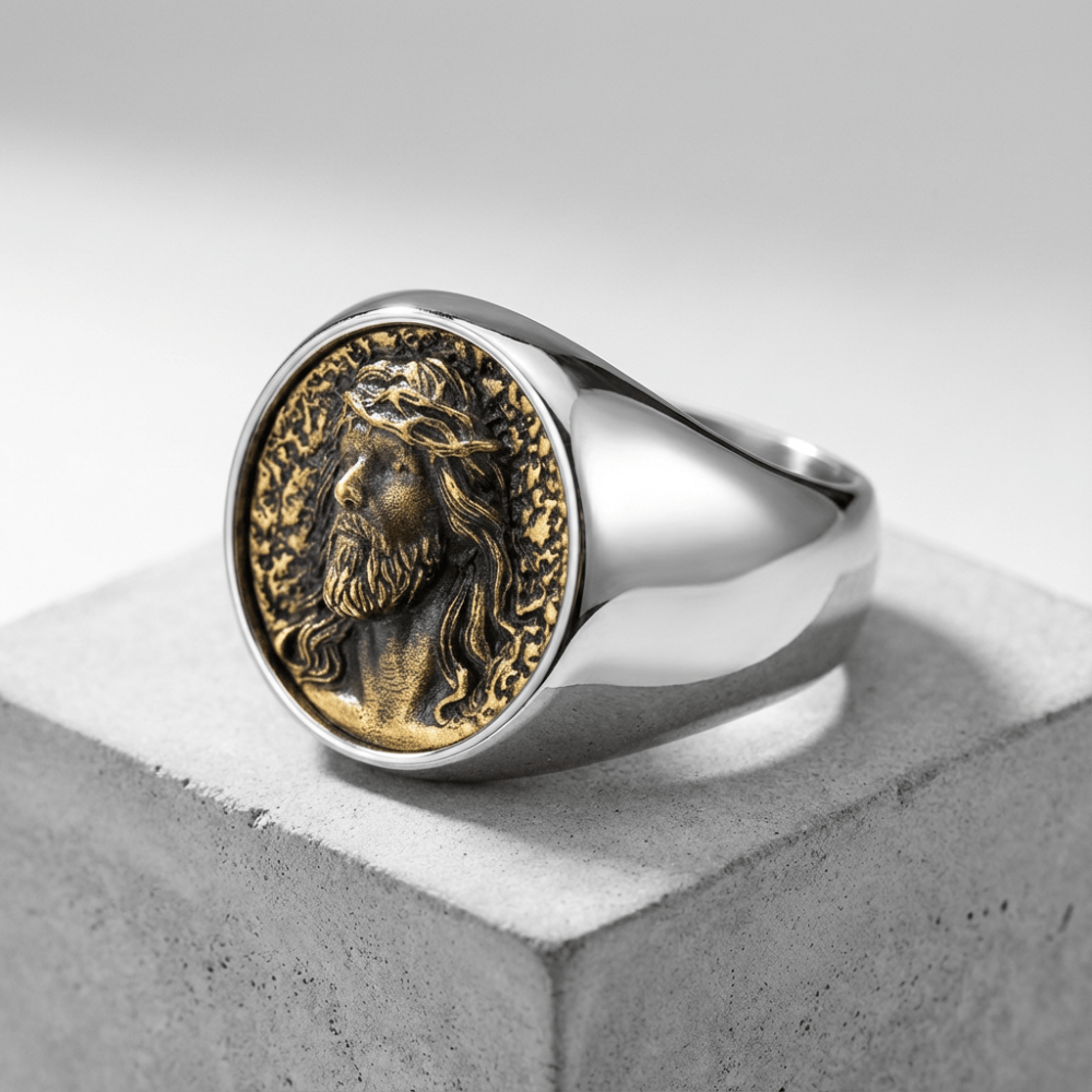 Bague chevalière homme argent portrait Jésus relief finition bronze