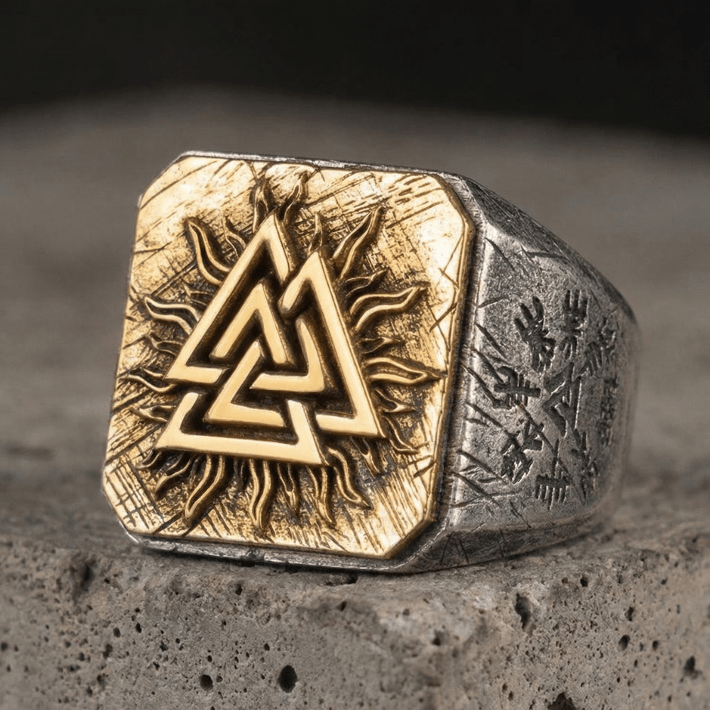Chevalière homme argent massif Valknut relief runes nordiques