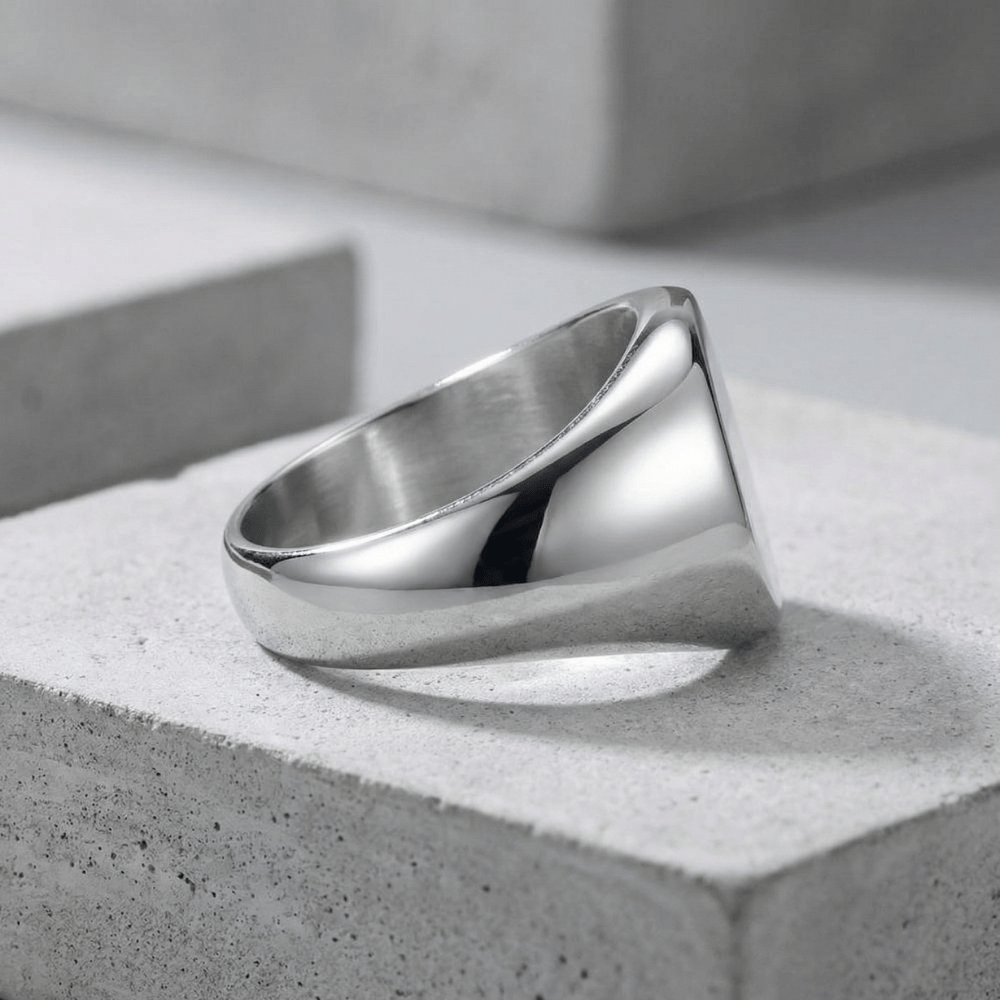 Chevalière ronde homme argent acier inoxydable intérieur poli