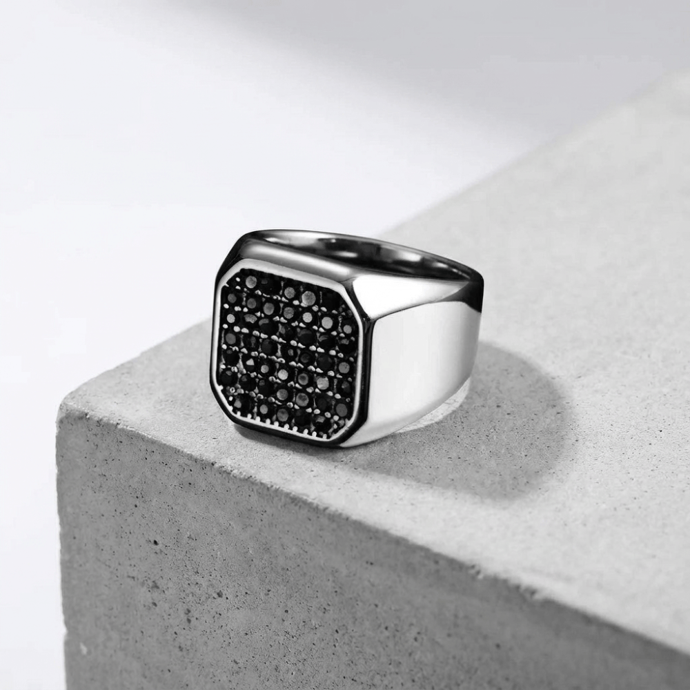 Chevalière homme luxe acier inoxydable zircons noirs argent