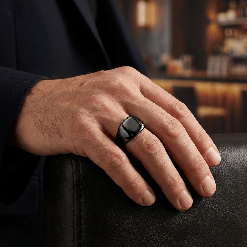 Bague homme chevalière noire acier inoxydable