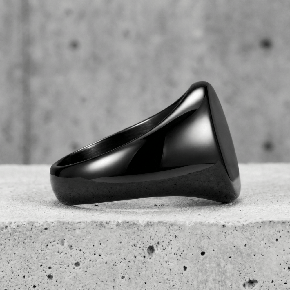 Bague chevalière homme noire acier inoxydable intérieur poli