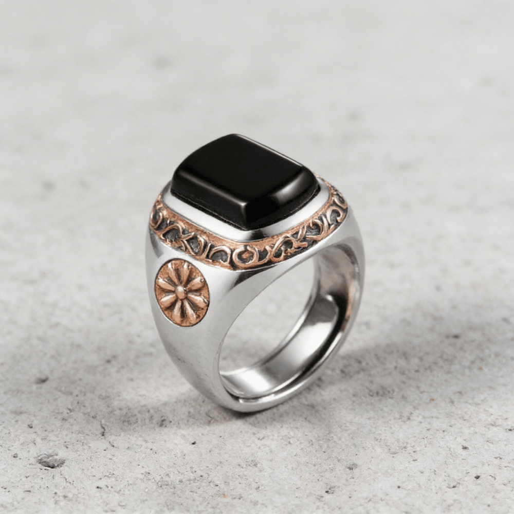 Chevalière homme onyx pierre noire argent or rose