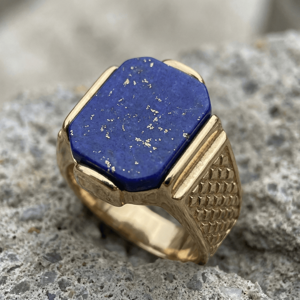 Chevalière homme or lapis lazuli pyrite plateau rectangulaire