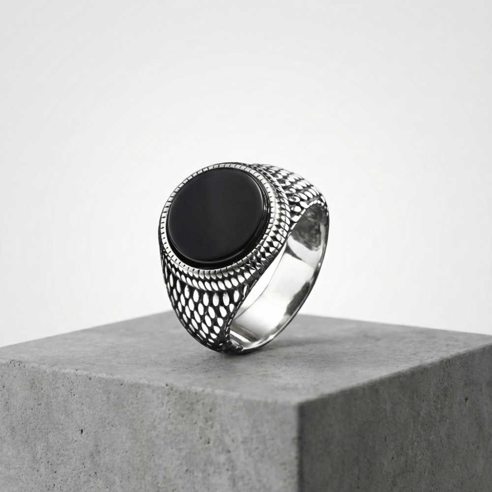 Chevalière homme pierre onyx noir argent acier inoxydable