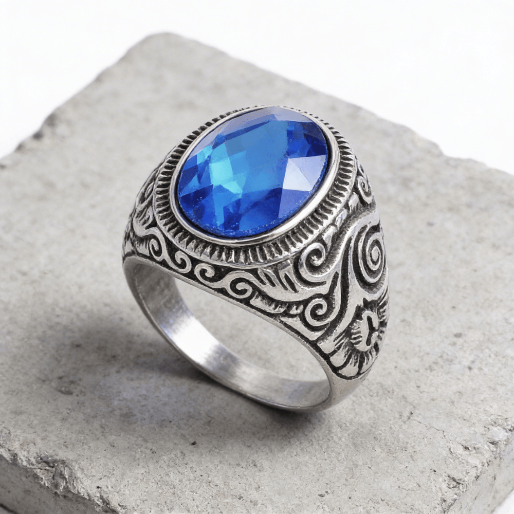 Chevalière argent saphir homme plateau ovale spirales