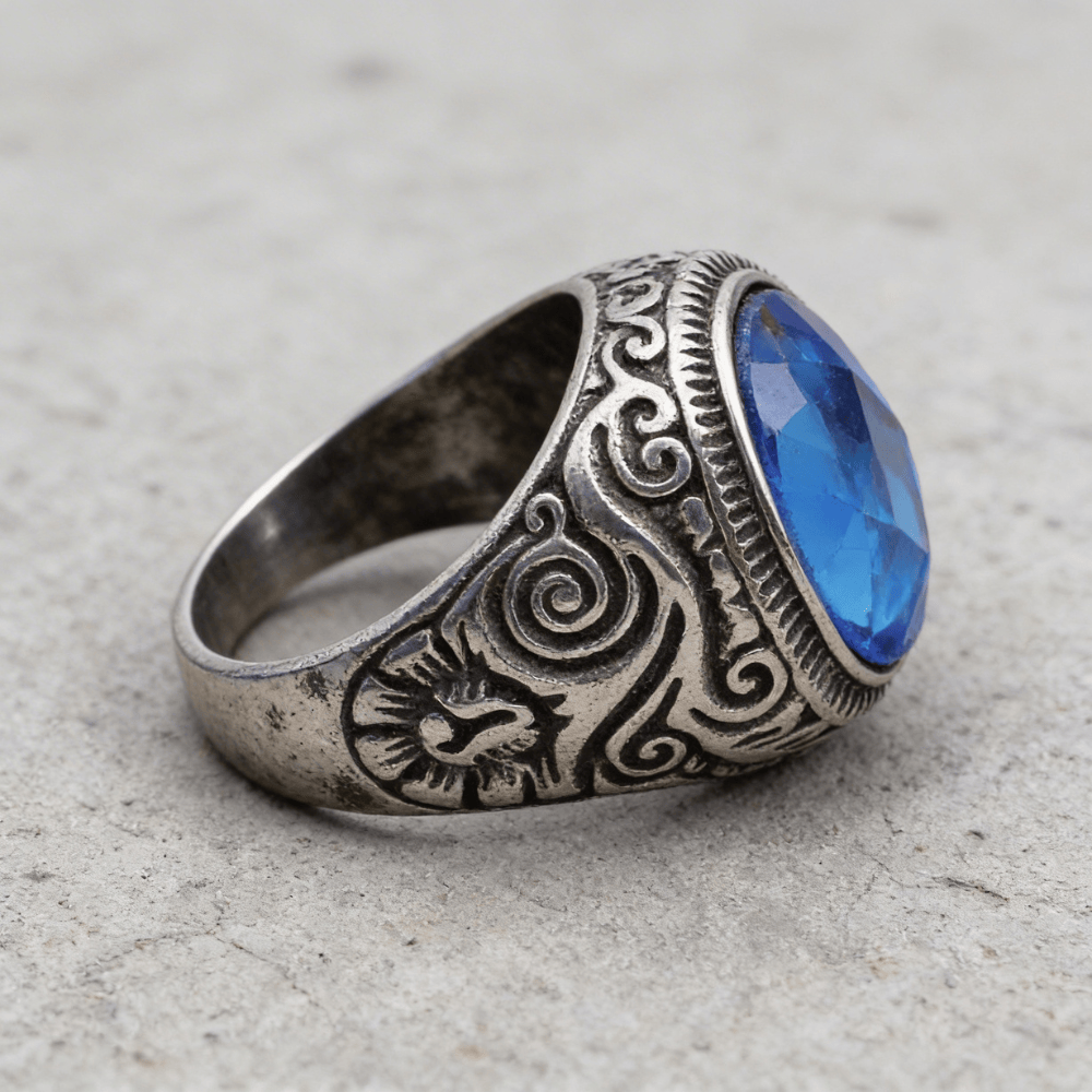 Bague chevalière homme saphir argent vieilli profil côté