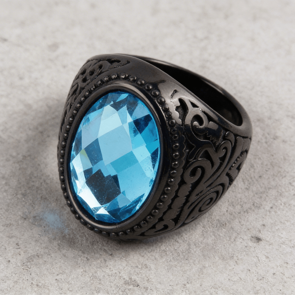 Chevalière homme acier inoxydable noire saphir bleu bordure