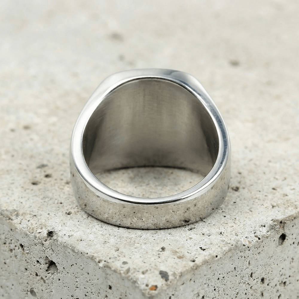 chevalière homme acier inoxydable anneau intérieur poli argent