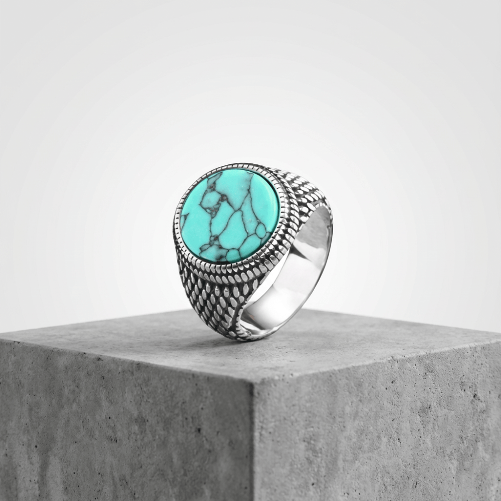 Chevalière homme turquoise pierre ronde argent acier