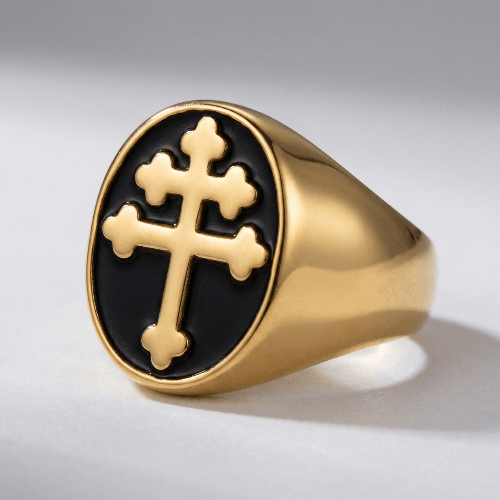 chevalière noire homme or croix templier plateau ovale acier inoxydable