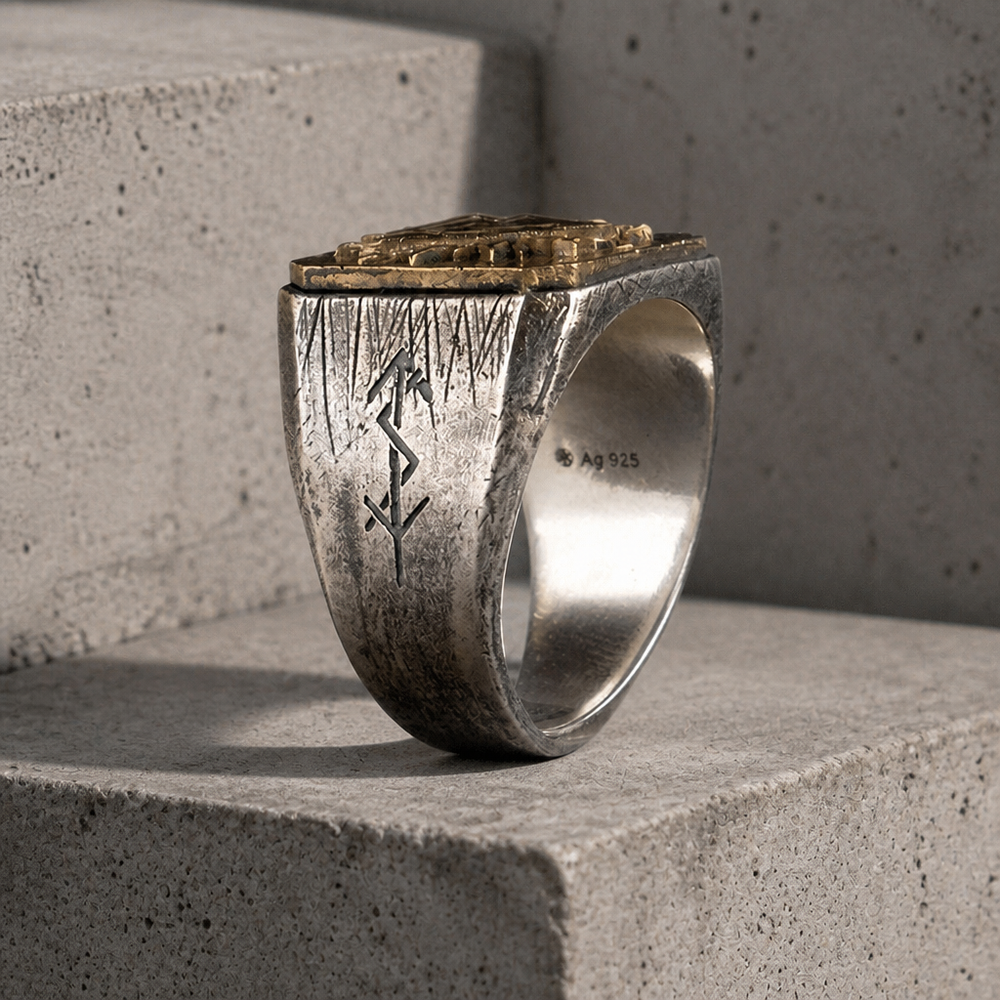 Chevalière viking homme argent 925 de profil, rune gravée sur l'épaule et poinçon Ag 925 à l'intérieur