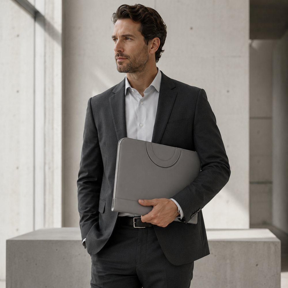 Homme en costume portant le classeur porte-document A4 sous le bras