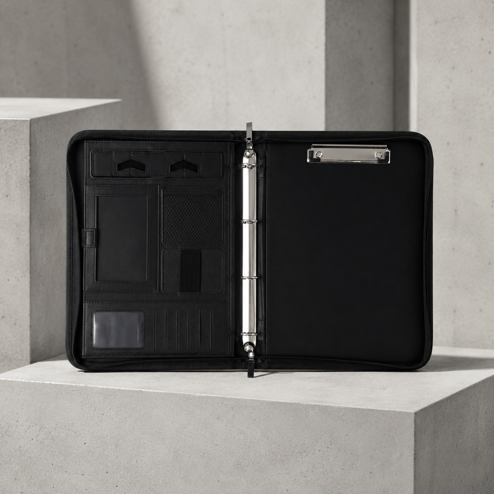Intérieur noir ouvert : classeur 4 anneaux, pince porte-bloc, porte-cartes et support téléphone