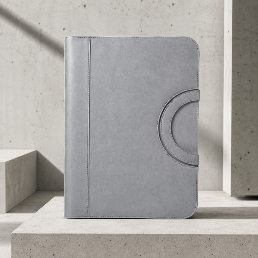 Classeur porte-document A4 à anneaux gris fermé, poignée arrondie latérale