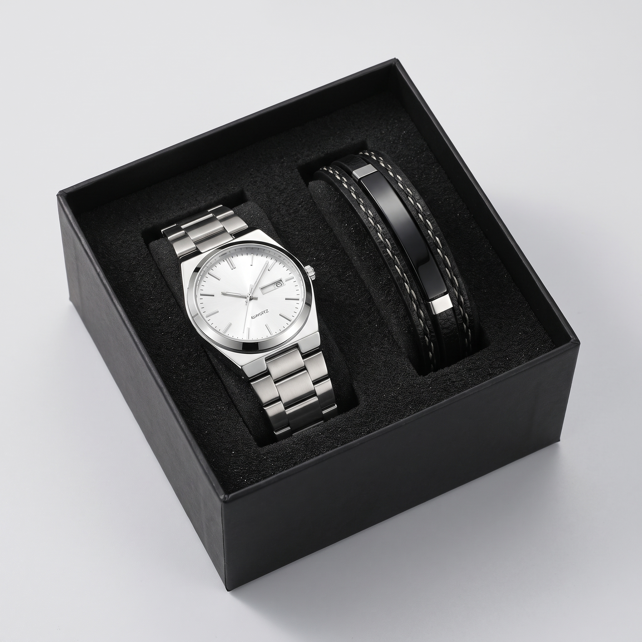Coffret cadeau homme : montre acier et bracelet cuir noir dans leur écrin noir