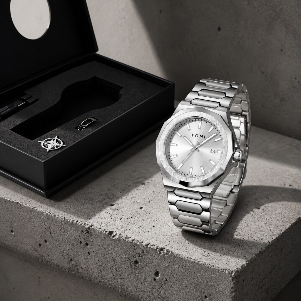 Coffret ouvert avec la montre argentée, la bague, la broche et l'outil de réglage
