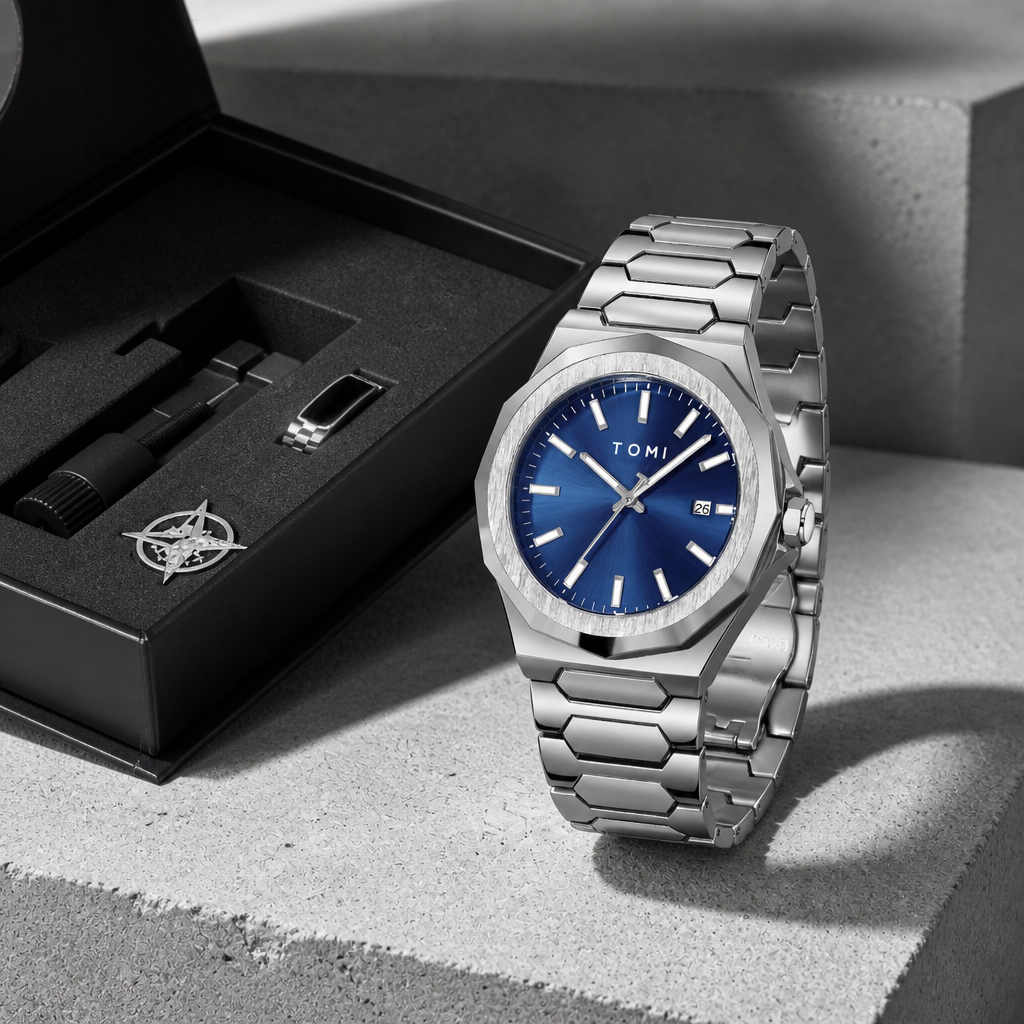 Coffret ouvert avec la montre à cadran bleu, la bague, la broche et l'outil de réglage