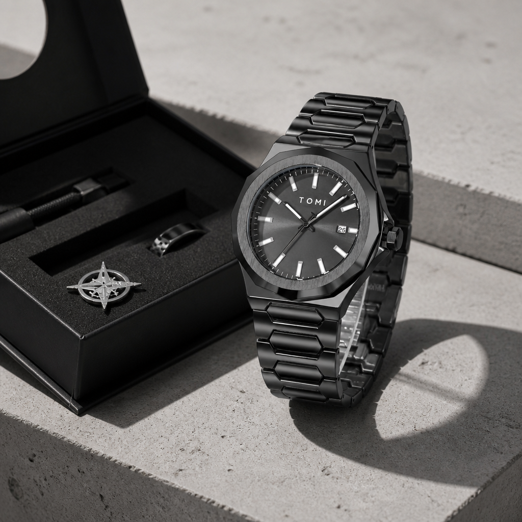 Coffret ouvert avec la montre noire, la bague, la broche rose des vents et l'outil de réglage