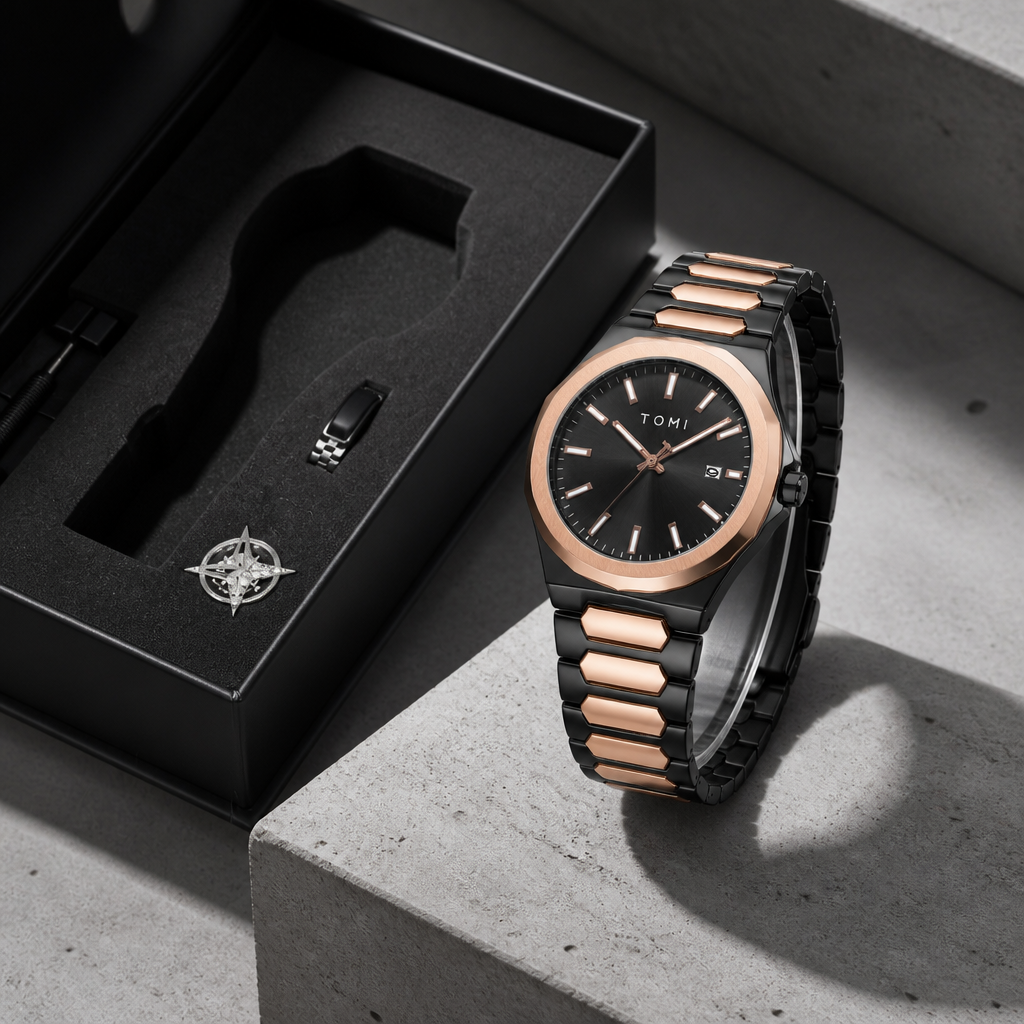 Coffret ouvert avec la montre noire et or rose, la bague, la broche et l'outil de réglage
