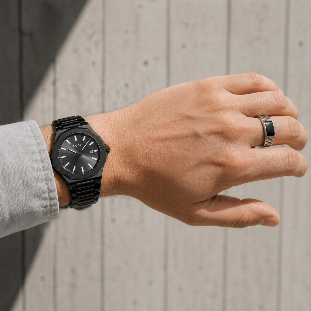 Montre noire au poignet et bague du coffret Marceau portée à la main