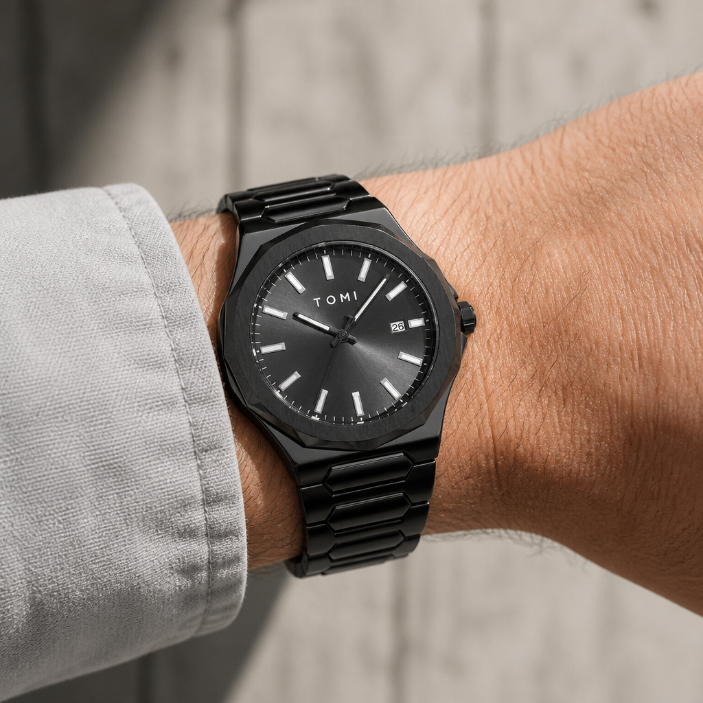 Montre noire du coffret Marceau portée au poignet sous une manchette de chemise