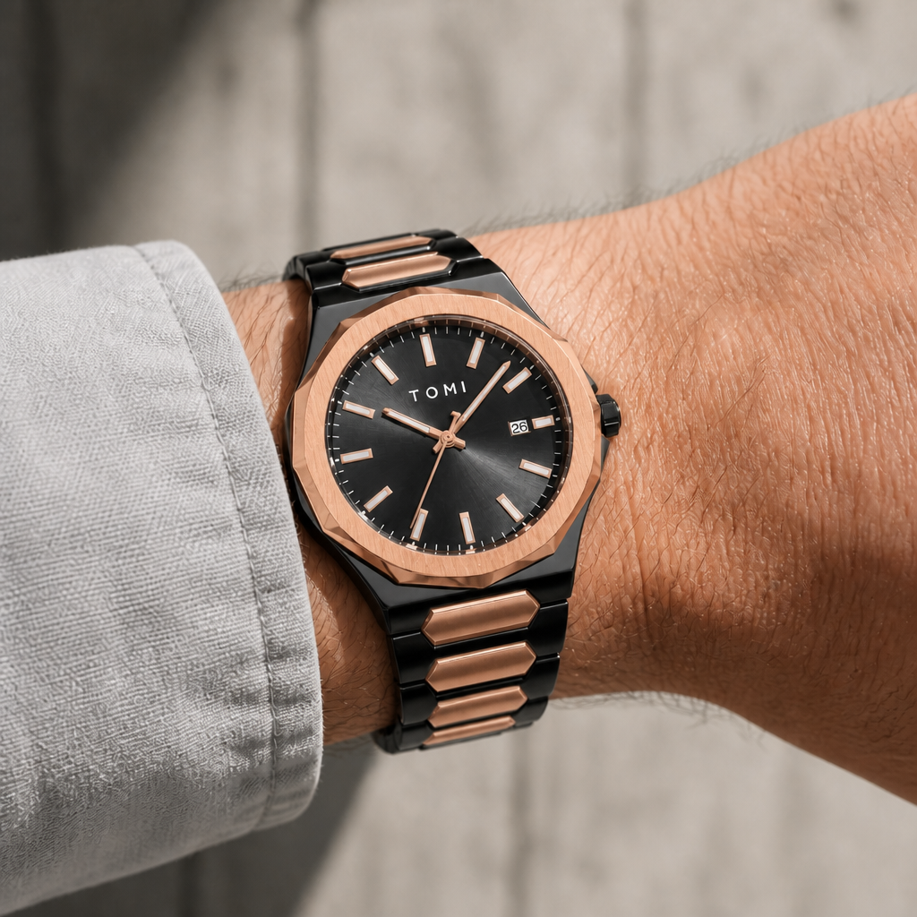 Montre noire à lunette or rose du coffret Marceau portée au poignet
