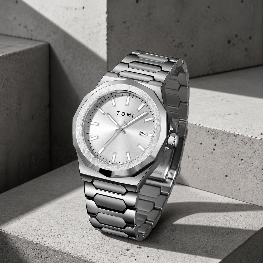 Coffret montre homme modèle Marceau, version argentée, cadran clair et bracelet acier
