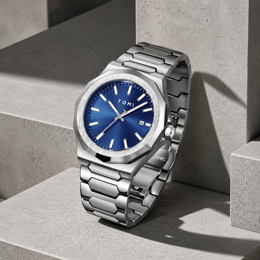 Coffret montre homme modèle Marceau, cadran bleu et bracelet acier