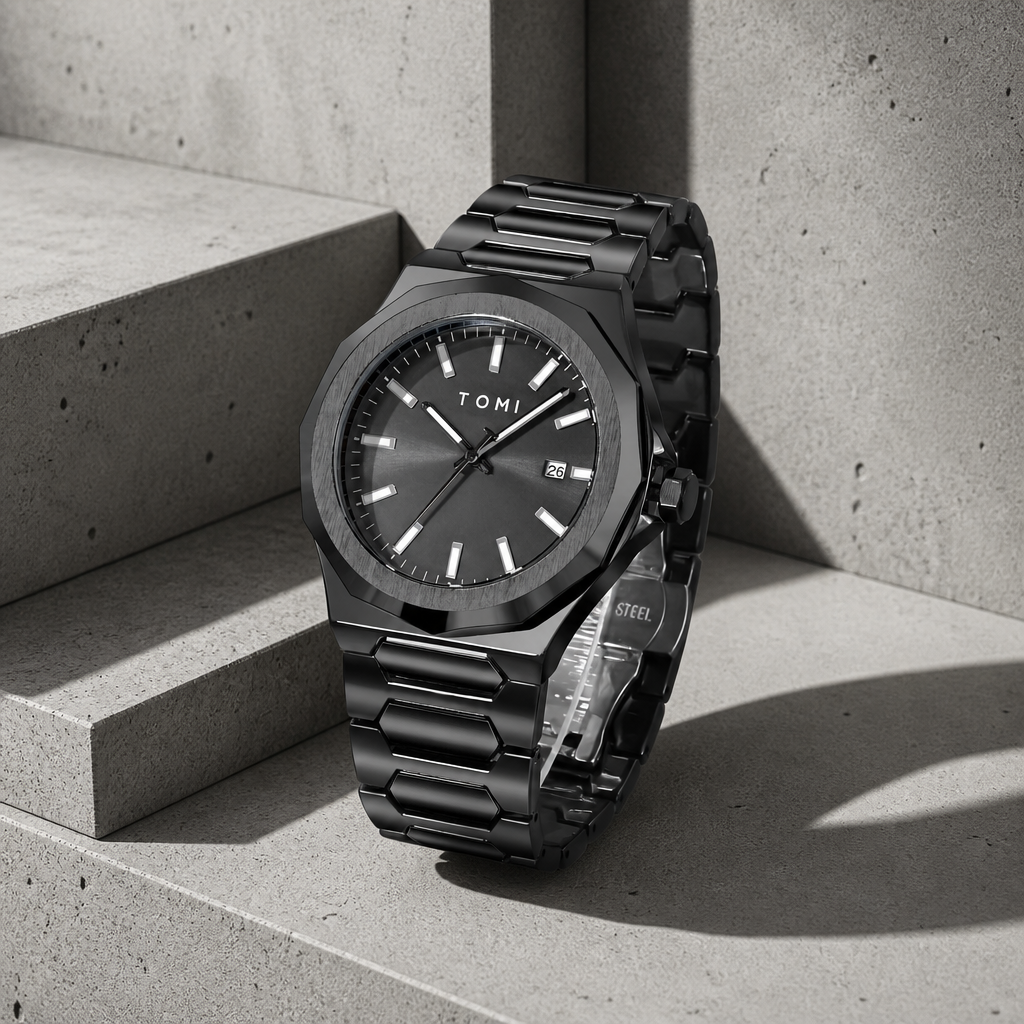 Coffret montre homme modèle Marceau, version noire, boîtier rond et bracelet acier sur béton