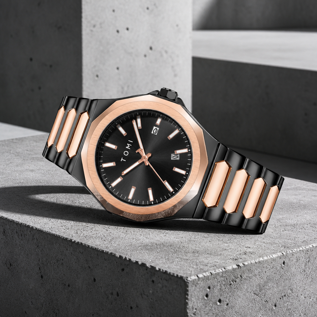 Coffret montre homme modèle Marceau, version noire à lunette or rose
